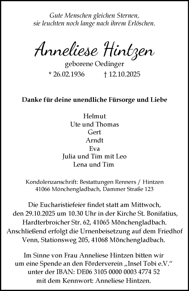  Traueranzeige für Anneliese Hintzen vom 19.10.2025 aus trauer.panorama-anzeigenblatt.de