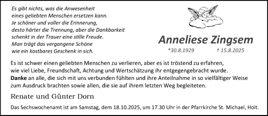 Traueranzeige von Anneliese Zingsheim von trauer.panorama-anzeigenblatt.de