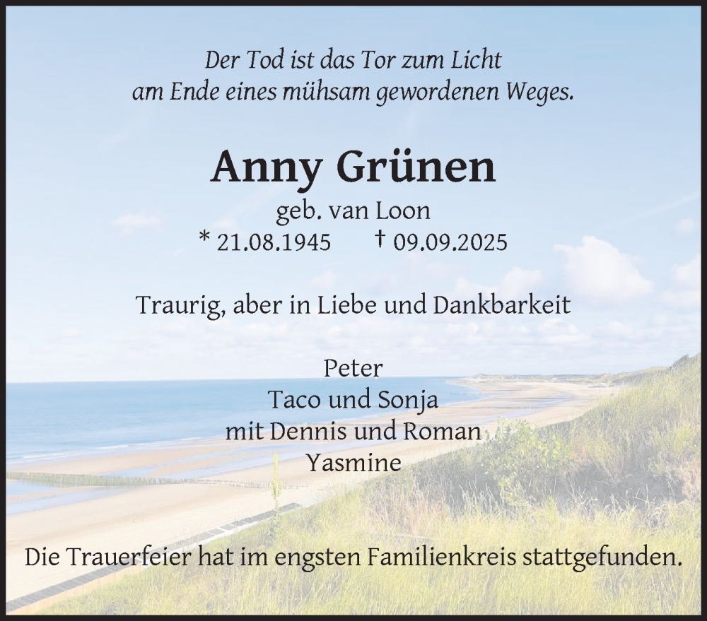  Traueranzeige für Anny Grünen vom 20.09.2025 aus trauer.wuppertaler-rundschau.de
