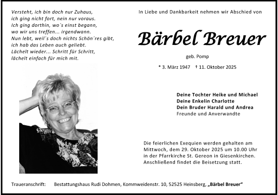Traueranzeige von Bärbel Breuer von trauer.panorama-anzeigenblatt.de