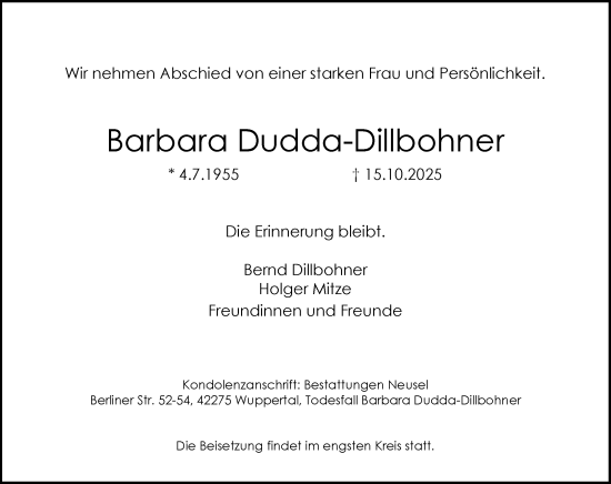Traueranzeige von Barbara Dudda-Dillbohner von trauer.wuppertaler-rundschau.de