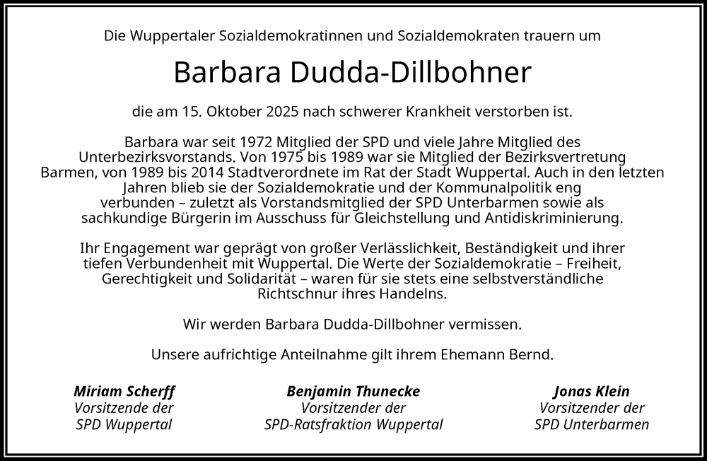  Traueranzeige für Barbara Dudda-Dillbohner vom 25.10.2025 aus trauer.wuppertaler-rundschau.de