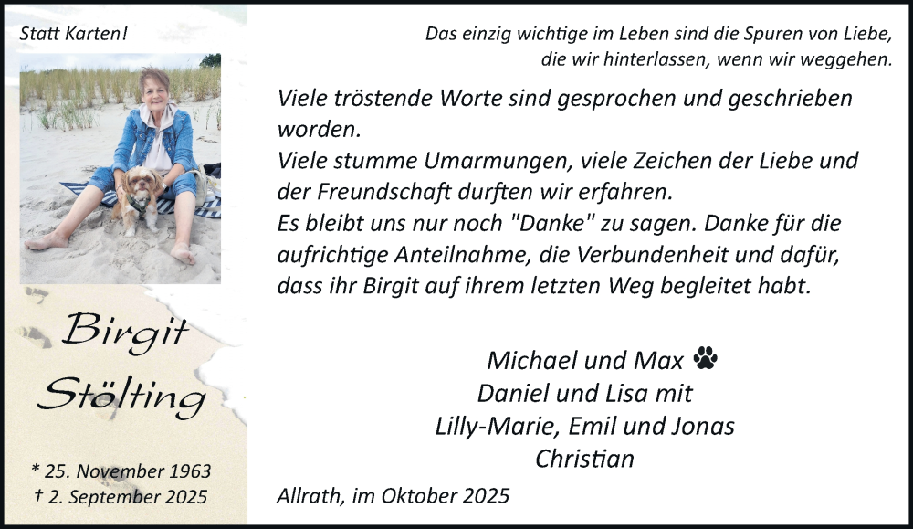  Traueranzeige für Birgit Stölting vom 11.10.2025 aus trauer.stadt-kurier.de