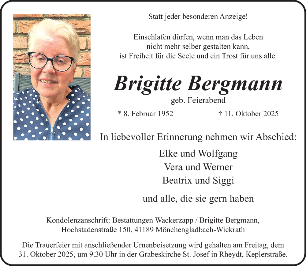  Traueranzeige für Brigitte Bergmann vom 26.10.2025 aus trauer.panorama-anzeigenblatt.de