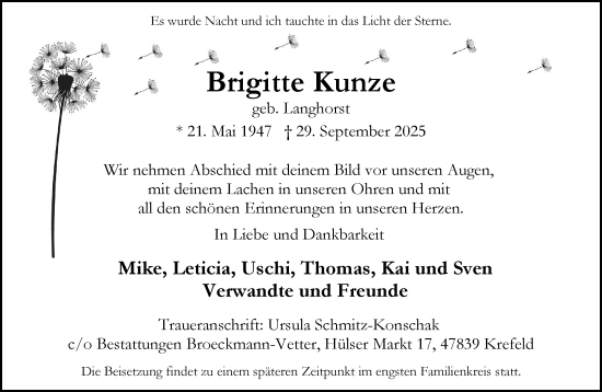 Traueranzeige von Brigitte Kunze von trauer.panorama-anzeigenblatt.de