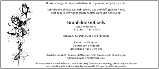 Traueranzeige von Brunhilde Göbbels von trauer.wuppertaler-rundschau.de