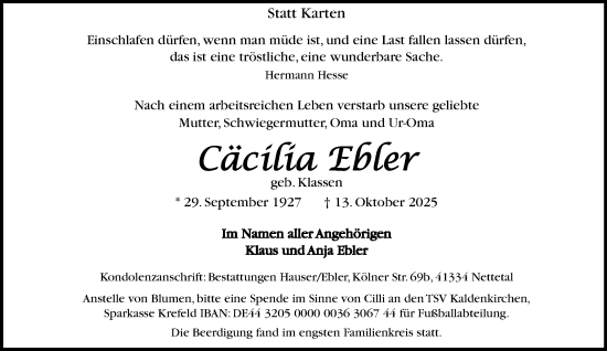 Traueranzeige von Cäcilia Ebler von trauer.panorama-anzeigenblatt.de