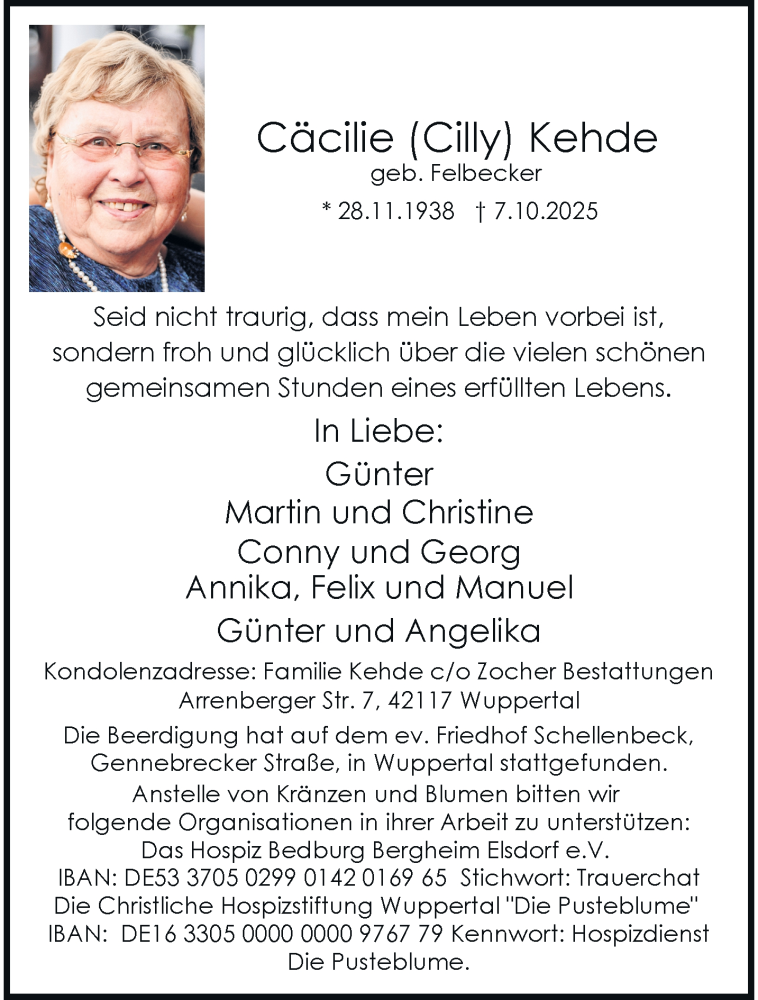  Traueranzeige für Cäcilie Kehde vom 11.10.2025 aus trauer.wuppertaler-rundschau.de