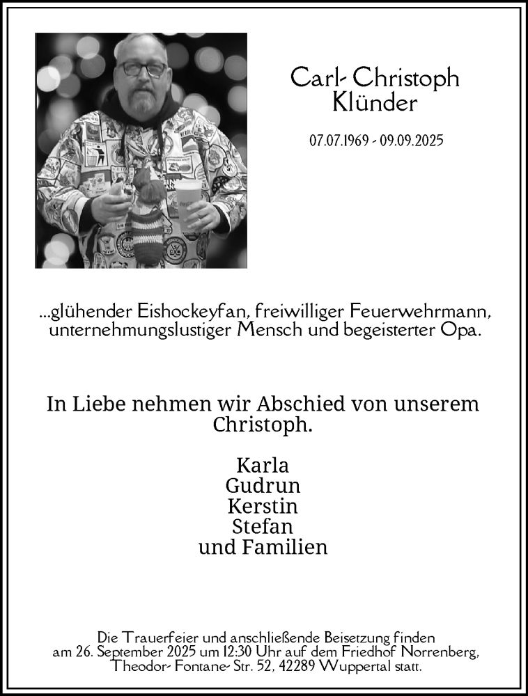 Traueranzeige für Carl-Christoph Klünder vom 20.09.2025 aus trauer.wuppertaler-rundschau.de