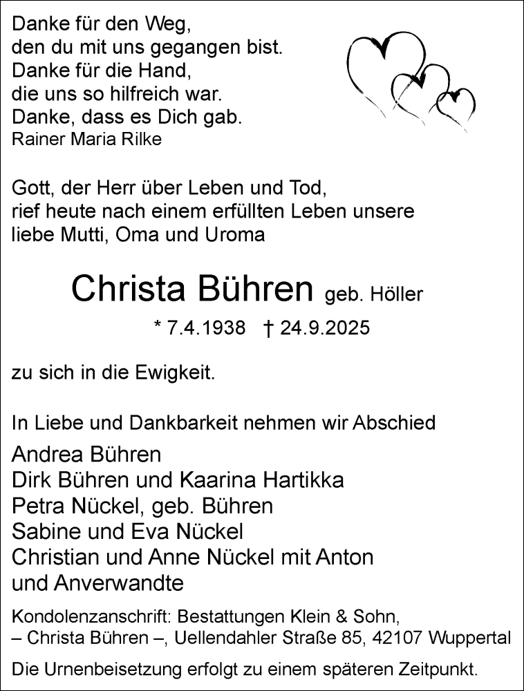  Traueranzeige für Christa Bühren vom 04.10.2025 aus trauer.wuppertaler-rundschau.de