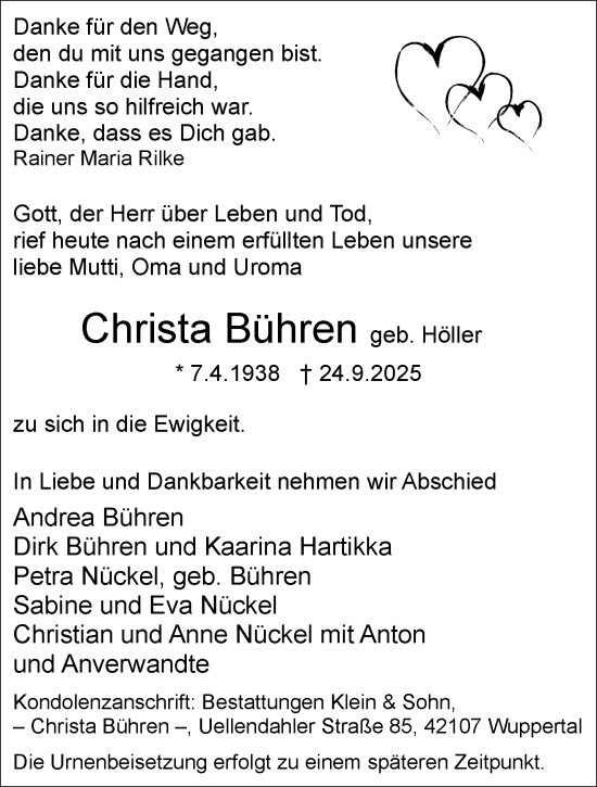 Traueranzeige von Christa Bühren von trauer.wuppertaler-rundschau.de