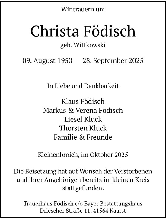 Traueranzeige von Christa Födisch von trauer.panorama-anzeigenblatt.de