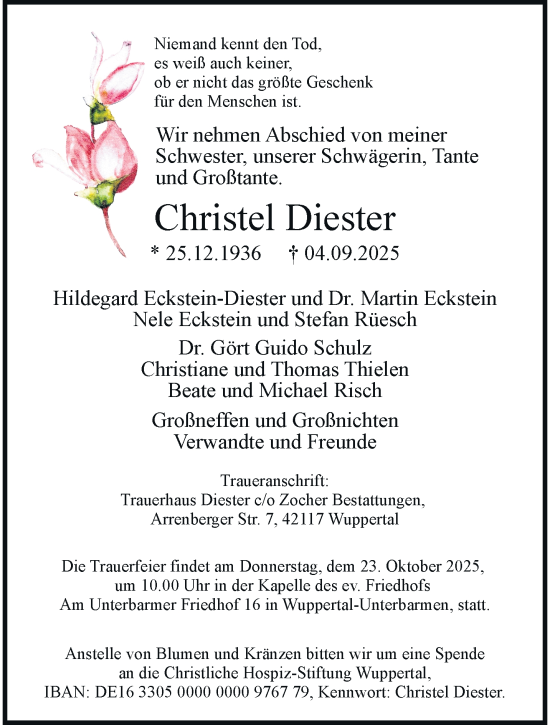 Traueranzeige von Christel Diester von trauer.wuppertaler-rundschau.de