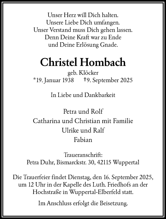Traueranzeige von Christel Hombach von trauer.wuppertaler-rundschau.de