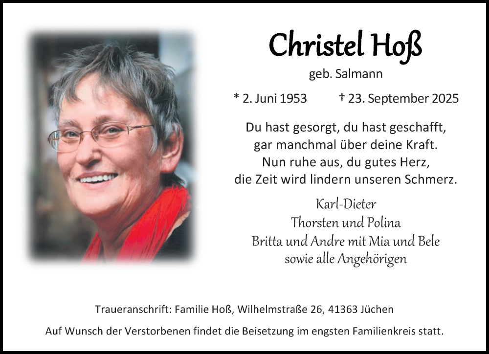  Traueranzeige für Christel Hoß vom 04.10.2025 aus trauer.stadt-kurier.de