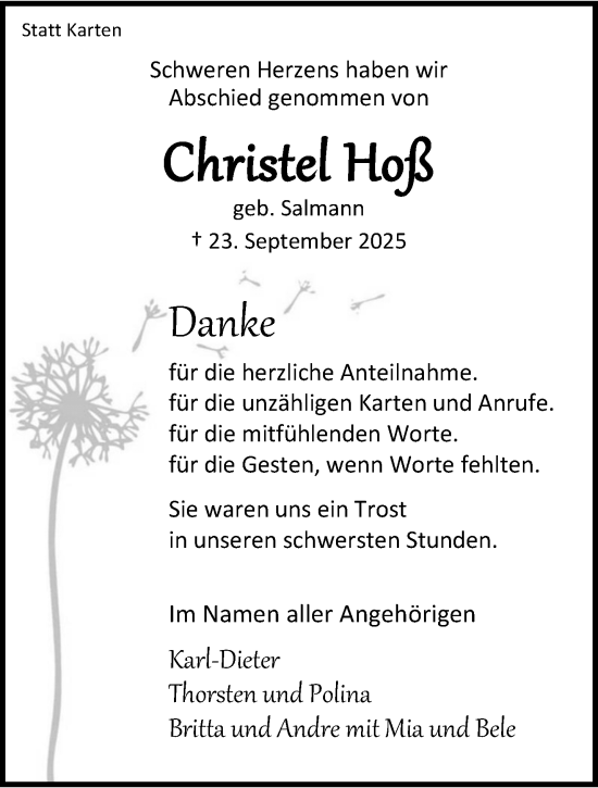 Traueranzeige von Christel Hoß von trauer.stadt-kurier.de