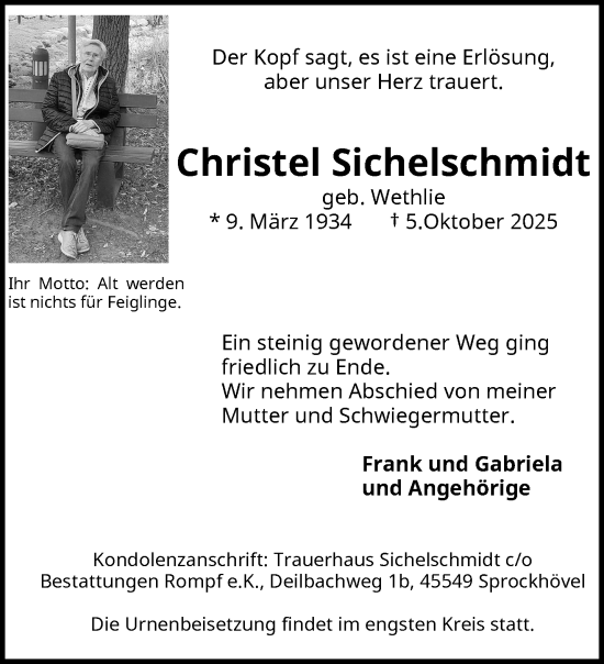 Traueranzeige von Christel Sichelschmidt von trauer.wuppertaler-rundschau.de