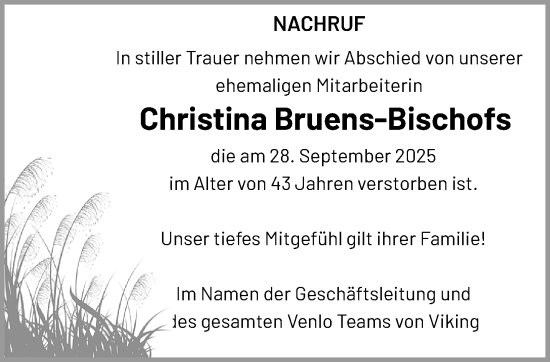 Traueranzeige von Christina Bruens-Bischofs von trauer.panorama-anzeigenblatt.de
