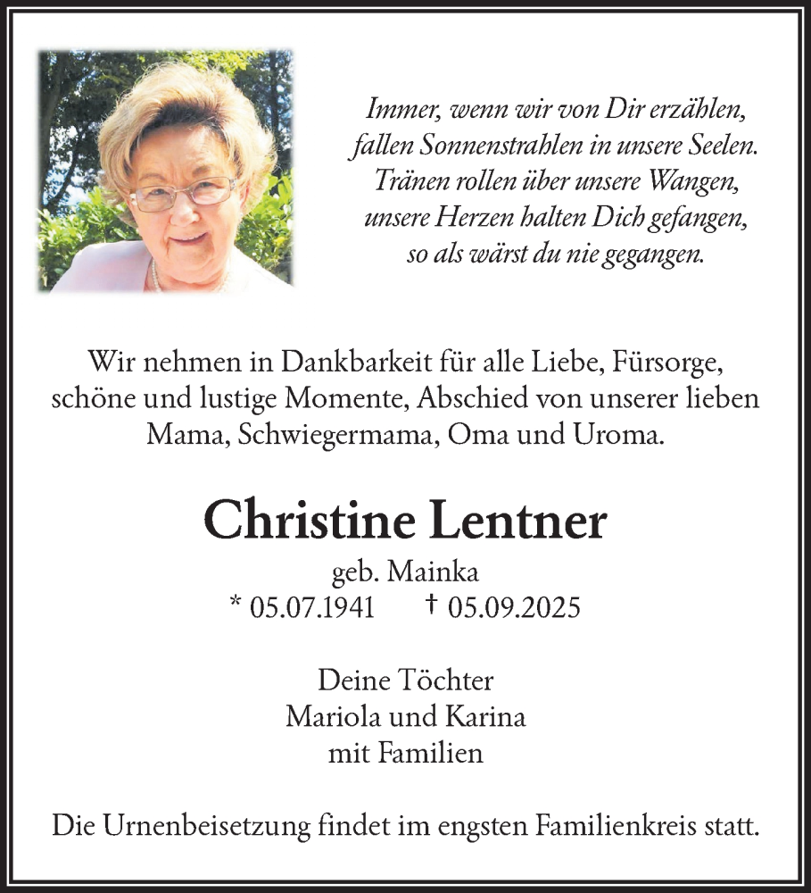  Traueranzeige für Christine Lentner vom 20.09.2025 aus trauer.wuppertaler-rundschau.de
