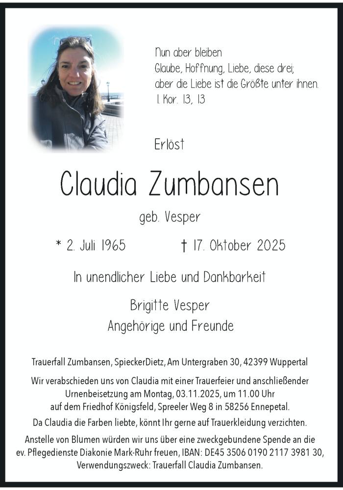  Traueranzeige für Claudia Zumbansen vom 25.10.2025 aus trauer.wuppertaler-rundschau.de