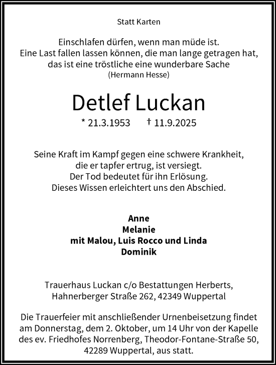 Traueranzeige von Detlef Luckan von trauer.wuppertaler-rundschau.de