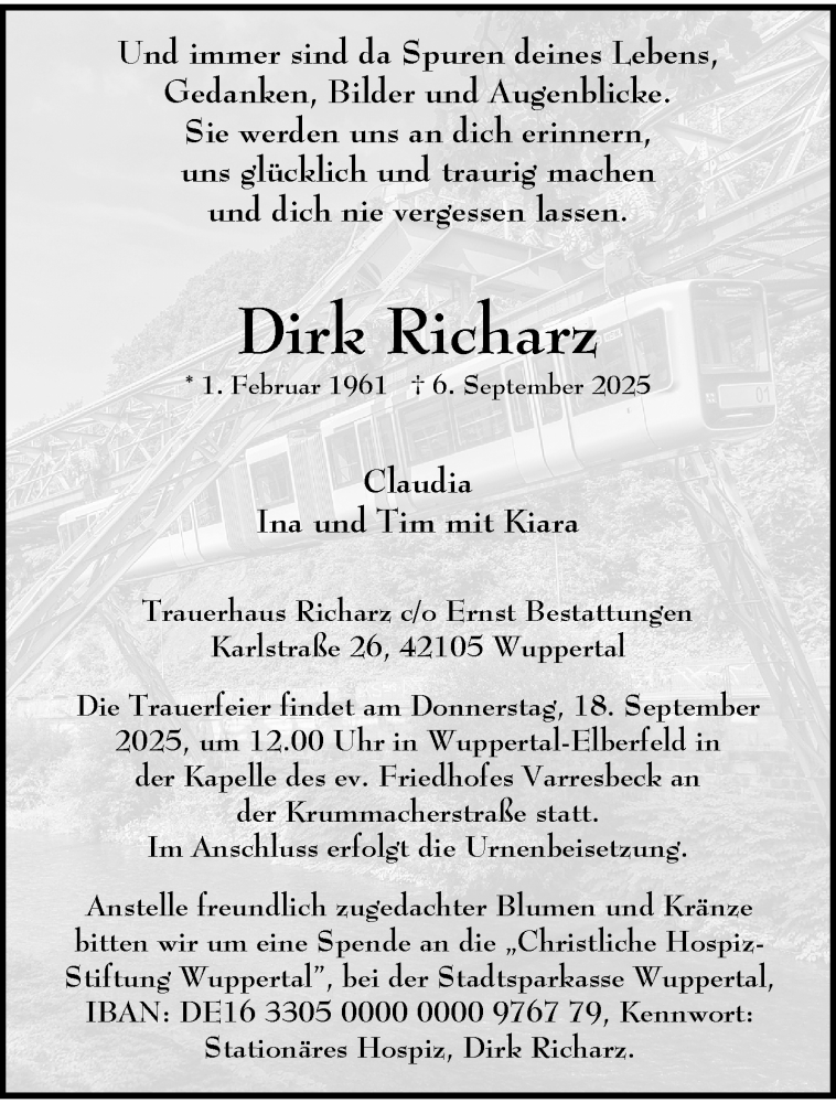  Traueranzeige für Dirk Richarz vom 13.09.2025 aus trauer.wuppertaler-rundschau.de