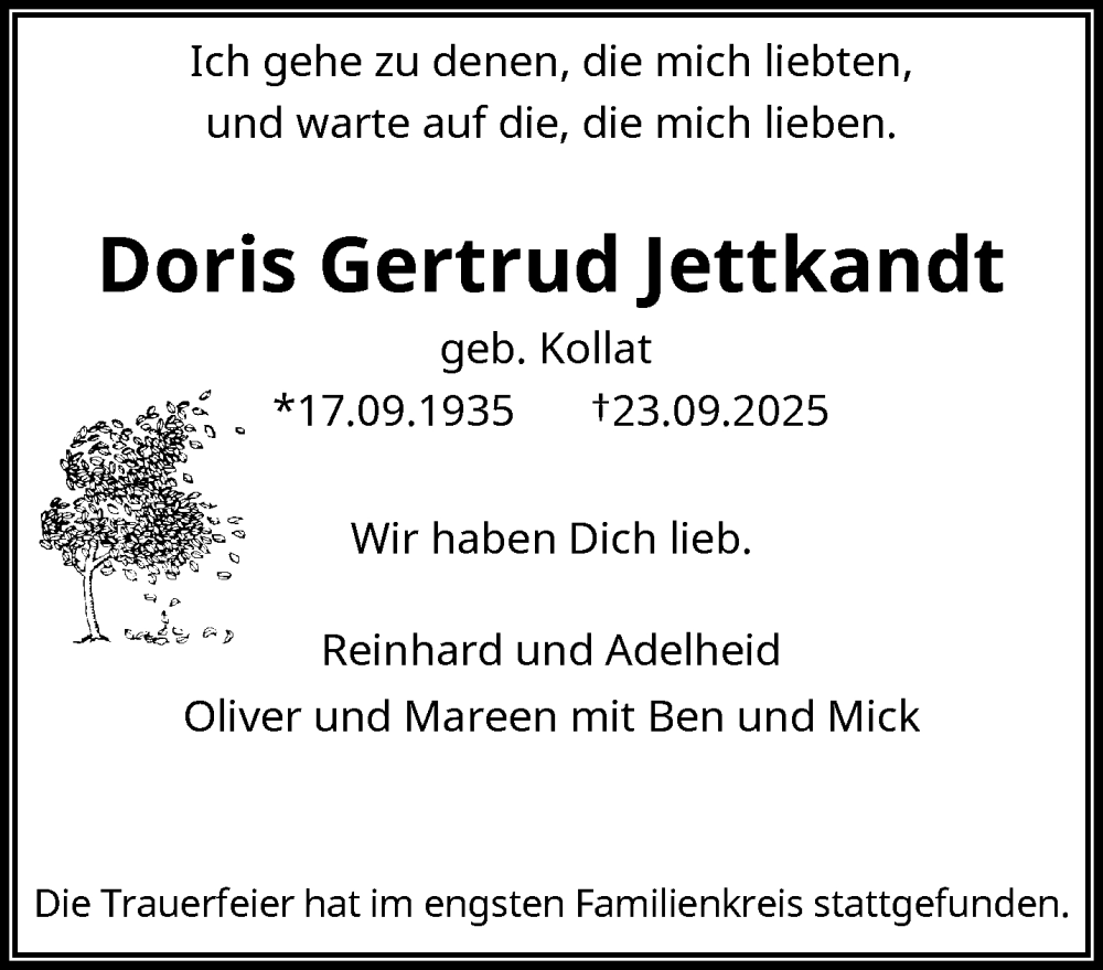  Traueranzeige für Doris Gertrud Jettkandt vom 11.10.2025 aus trauer.wuppertaler-rundschau.de