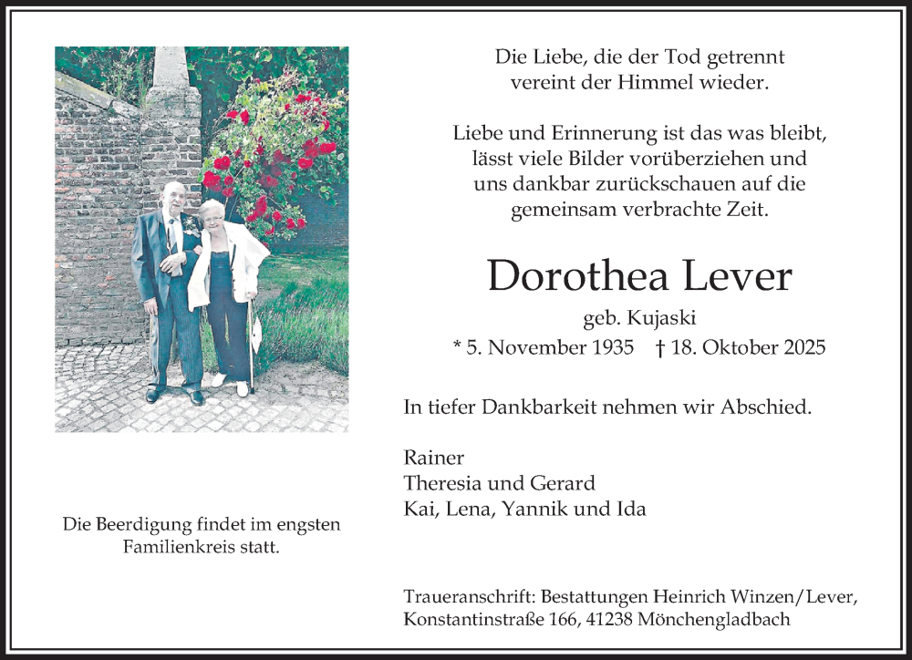  Traueranzeige für Dorothea Lever vom 26.10.2025 aus trauer.panorama-anzeigenblatt.de