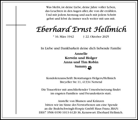 Traueranzeige von Eberhard Ernst Hellmich von trauer.panorama-anzeigenblatt.de