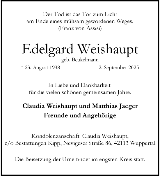 Traueranzeige von Edelgard Weishaupt von trauer.wuppertaler-rundschau.de