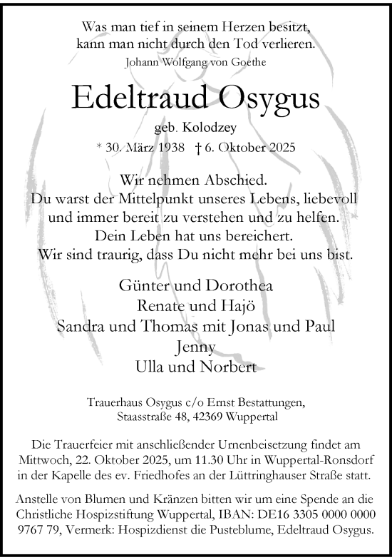 Traueranzeige von Edeltraud Osygus von trauer.wuppertaler-rundschau.de
