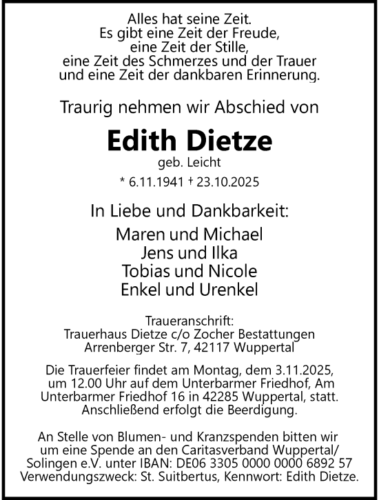 Traueranzeige von Edith Dietze von trauer.wuppertaler-rundschau.de