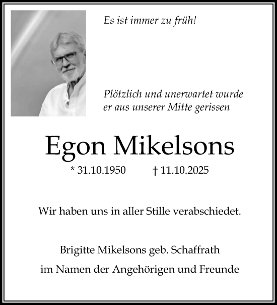 Traueranzeige von Egon Mikelsons von trauer.panorama-anzeigenblatt.de