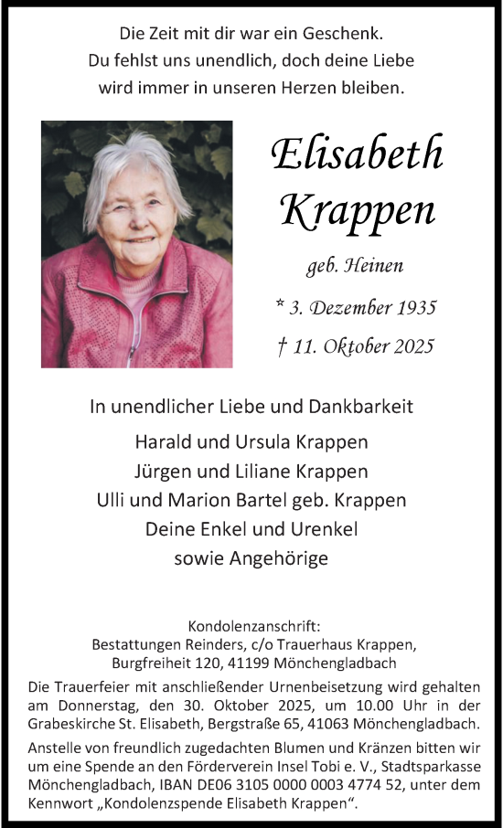 Traueranzeige von Elisabeth Krappen von trauer.panorama-anzeigenblatt.de