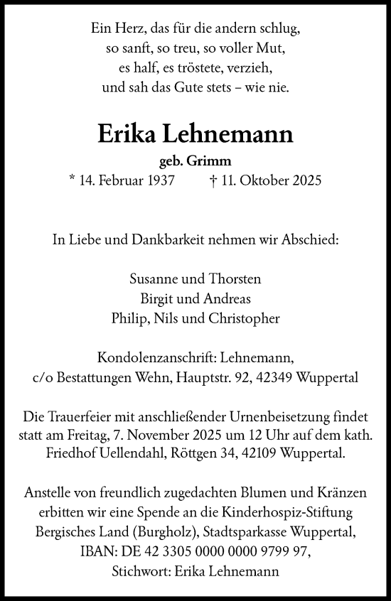 Traueranzeige von Erika Lehnemann von trauer.wuppertaler-rundschau.de