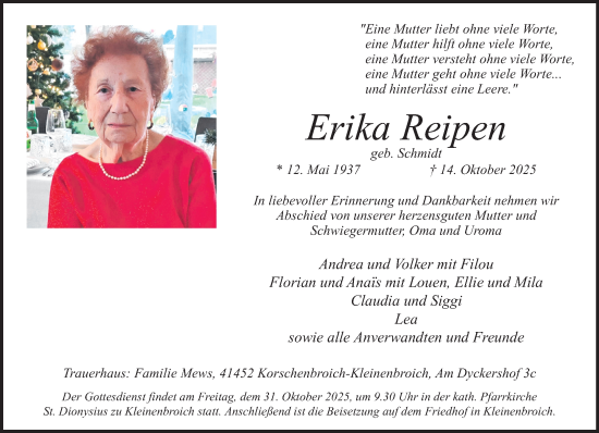 Traueranzeige von Erika Reipen von trauer.panorama-anzeigenblatt.de