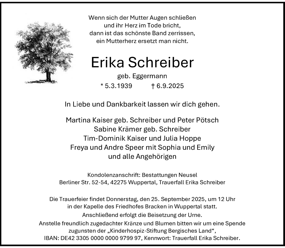  Traueranzeige für Erika Schreiber vom 20.09.2025 aus trauer.wuppertaler-rundschau.de