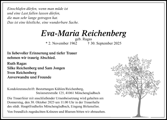 Traueranzeige von Eva-Maria Reichenberg von trauer.panorama-anzeigenblatt.de