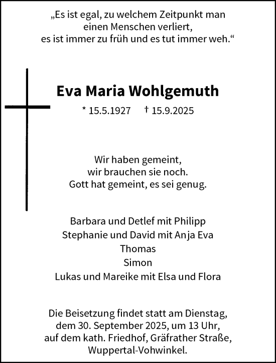 Traueranzeige von Eva Maria Wohlgemuth von trauer.wuppertaler-rundschau.de