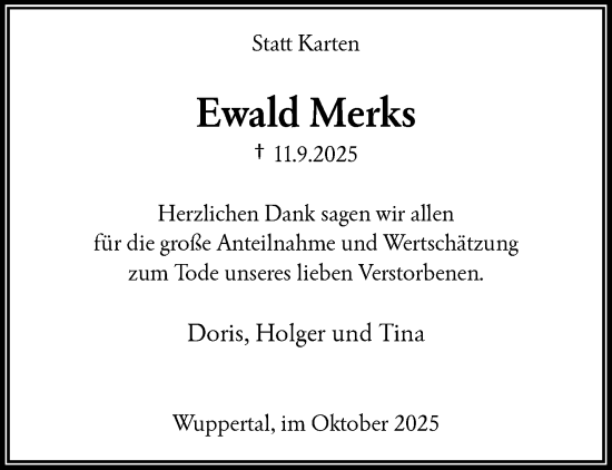 Traueranzeige von Ewald Merks von trauer.wuppertaler-rundschau.de