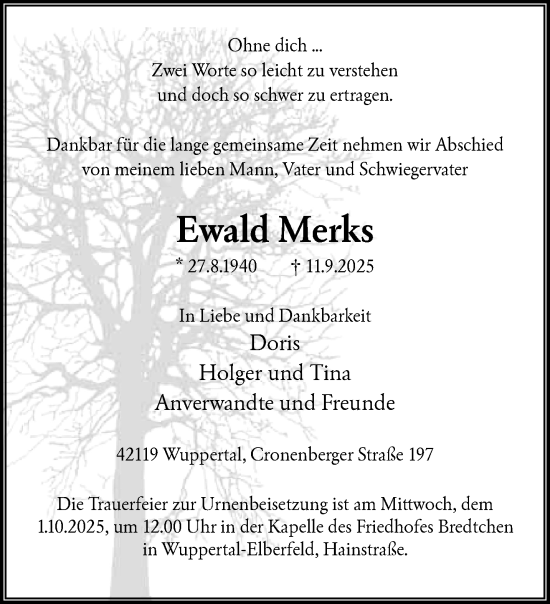 Traueranzeige von Ewald Merks von trauer.wuppertaler-rundschau.de