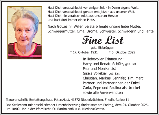 Traueranzeige von Fine List von trauer.panorama-anzeigenblatt.de