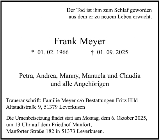 Traueranzeige von Frank Meyer von trauer.wuppertaler-rundschau.de