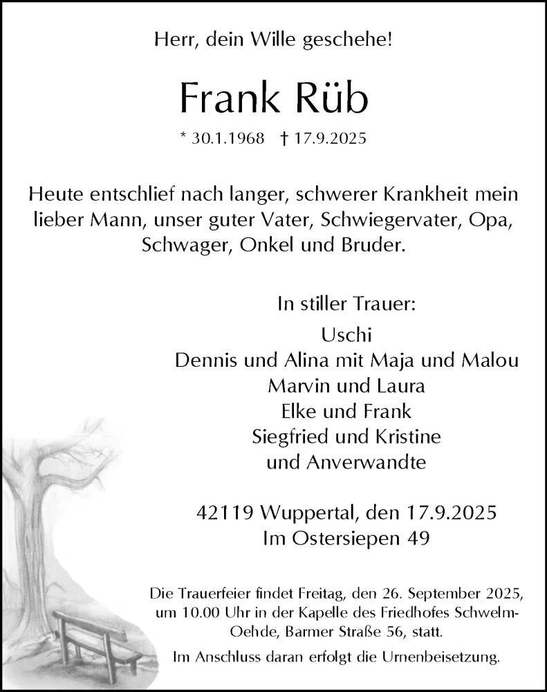  Traueranzeige für Frank Rüb vom 20.09.2025 aus trauer.wuppertaler-rundschau.de
