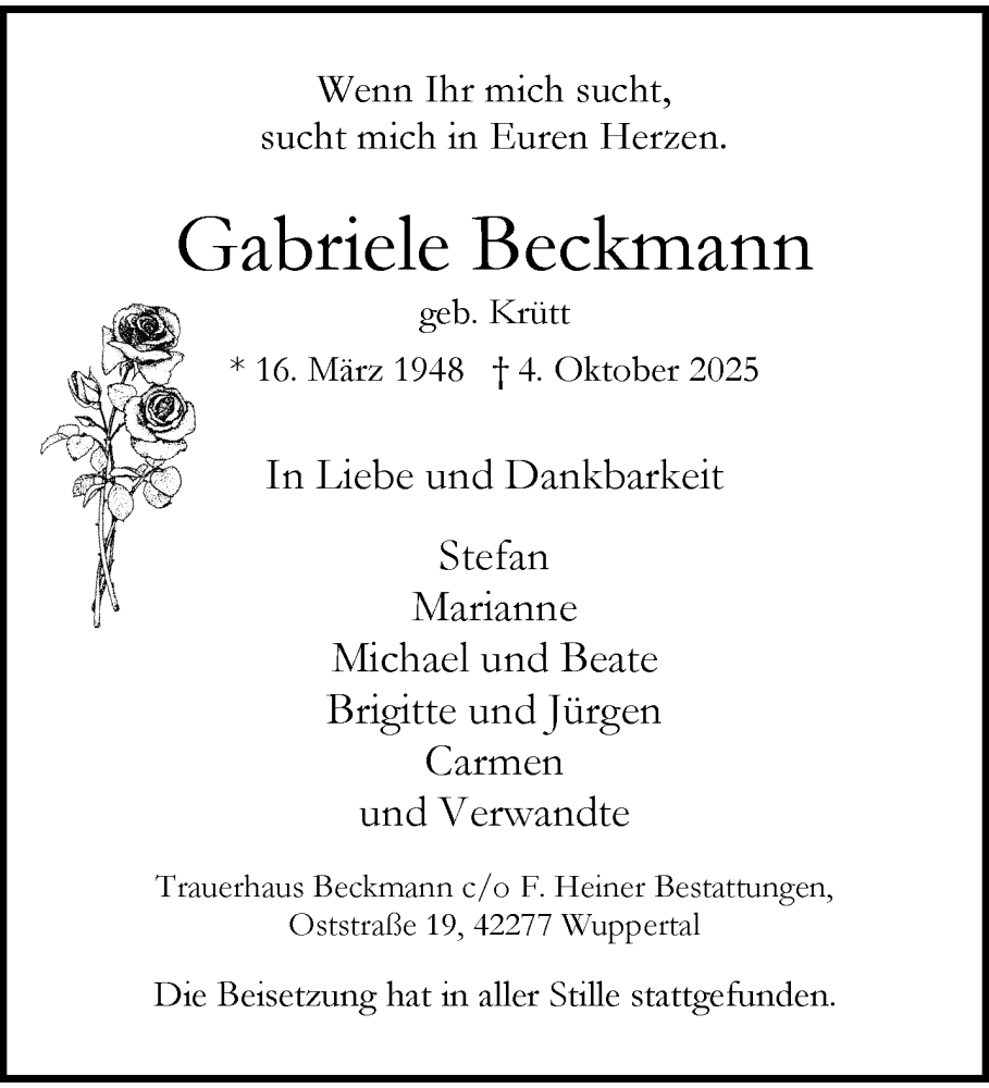  Traueranzeige für Gabriele Beckmann vom 01.11.2025 aus trauer.wuppertaler-rundschau.de