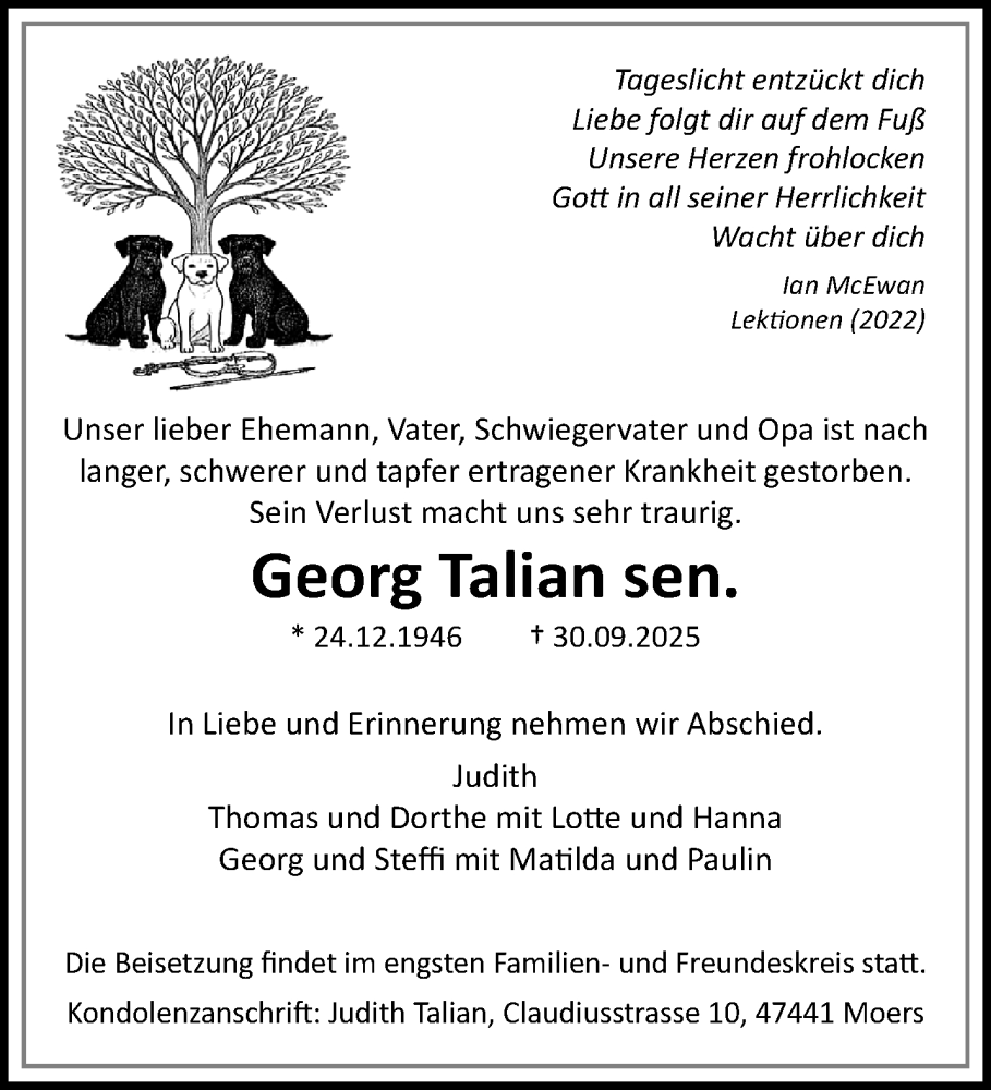  Traueranzeige für Georg Talian vom 19.10.2025 aus trauer.panorama-anzeigenblatt.de