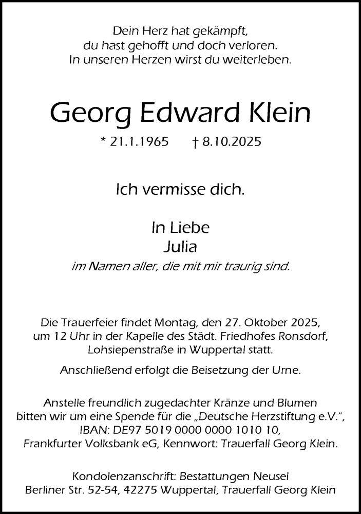  Traueranzeige für Georg Edward Klein vom 18.10.2025 aus trauer.wuppertaler-rundschau.de