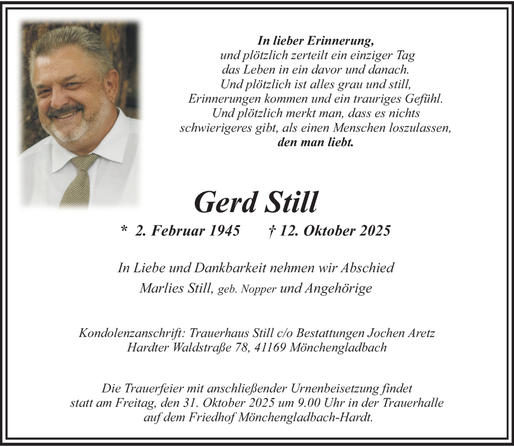  Traueranzeige für Gerd Still vom 26.10.2025 aus trauer.panorama-anzeigenblatt.de