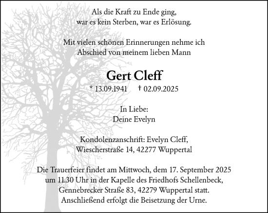 Traueranzeige von Gert Cleff von trauer.wuppertaler-rundschau.de