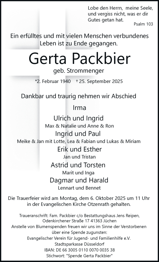 Traueranzeige von Gerta Packbier von trauer.stadt-kurier.de